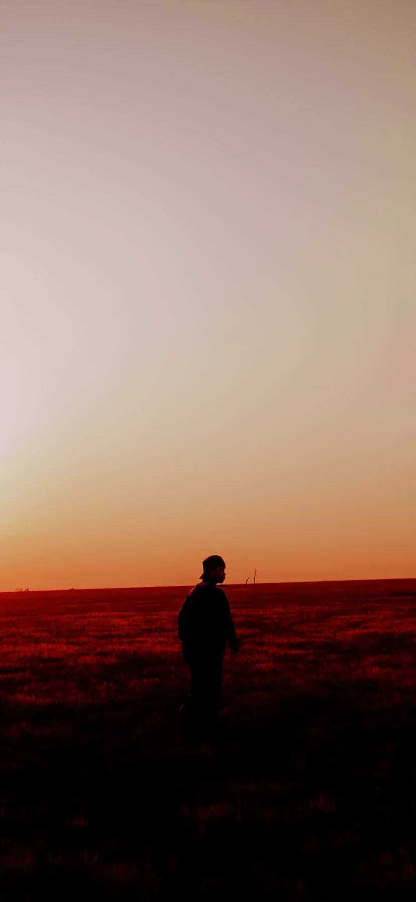 A figure walking across an open field at sunset under a glowing sky